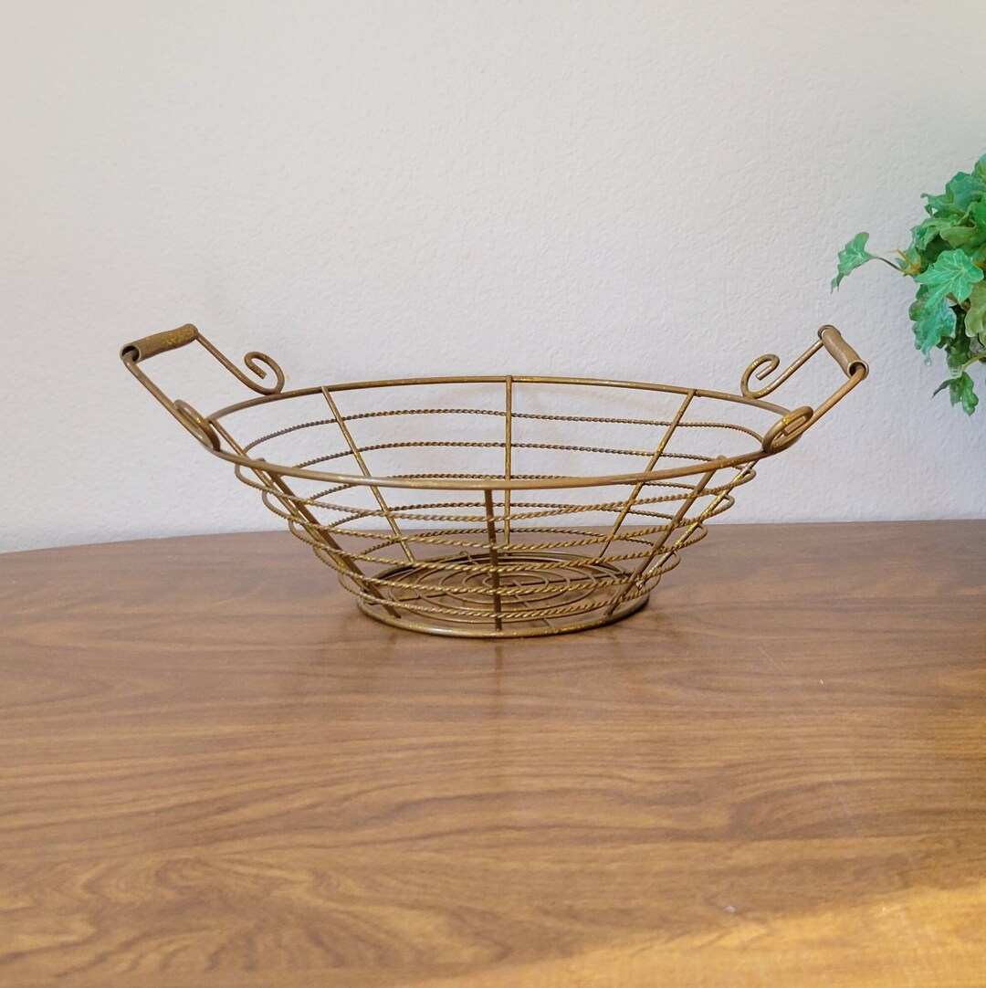 Round Gold Wire Basket With Handles Vintage Etsy