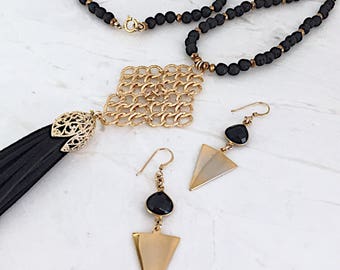 essential oil necklace, lava bead necklace, diffuser jewelry, tassel necklace, black and gold necklace, long necklaces for women, gift idea