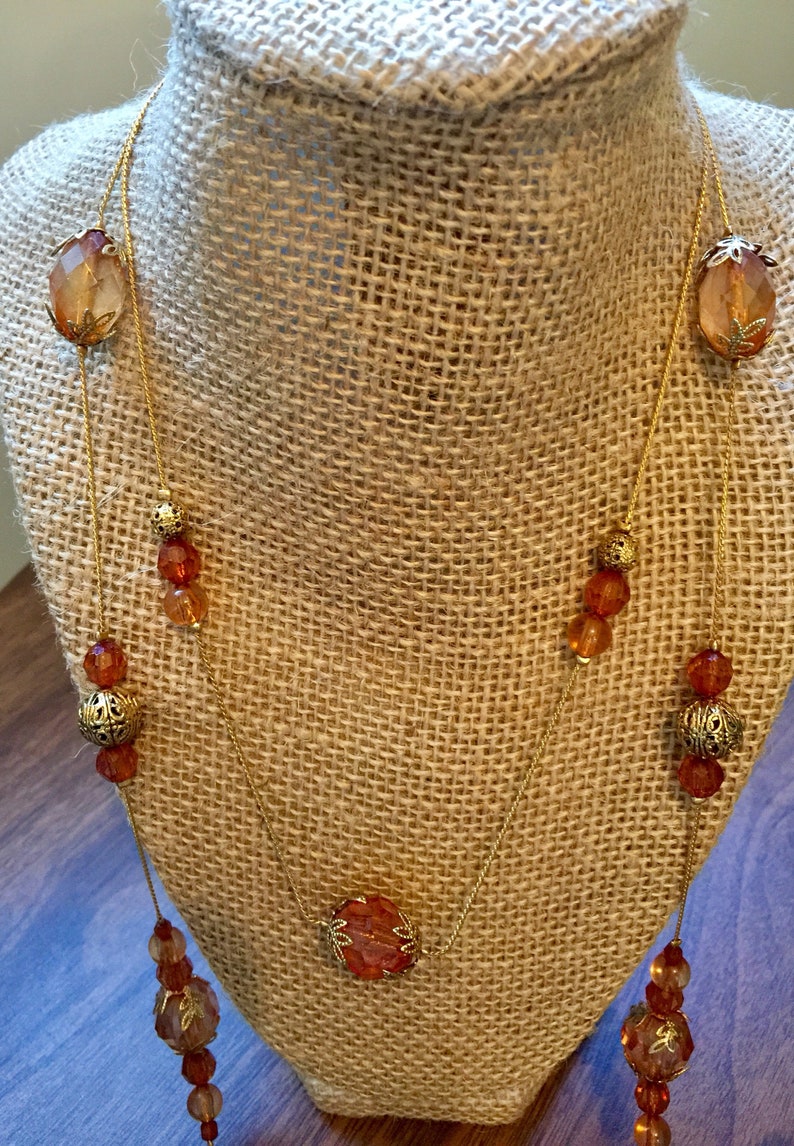 1960/'s Amber color Beads with gold color filigree beads necklace