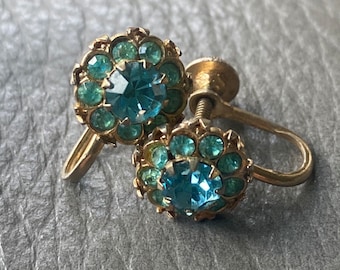 Pendientes vintage Coro con pedrería azul aguamarina y cierre de rosca