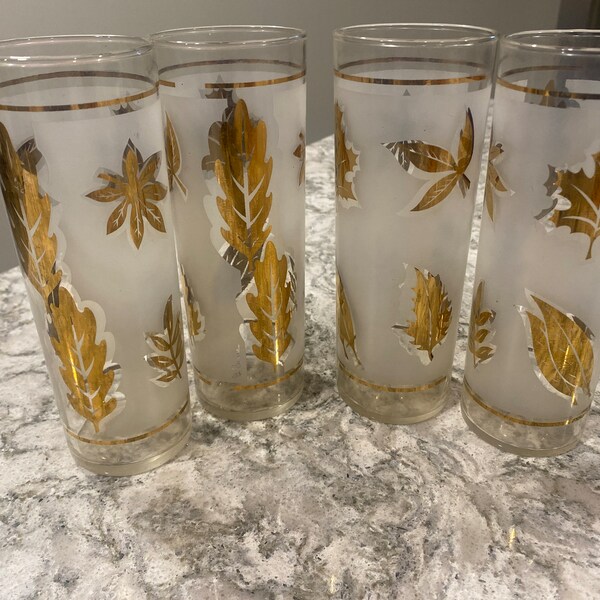 Libby Frosted Gold Leaf 7” tall, 4 Drinking Glasses High Ball Bar Tom Collins G. Reeves