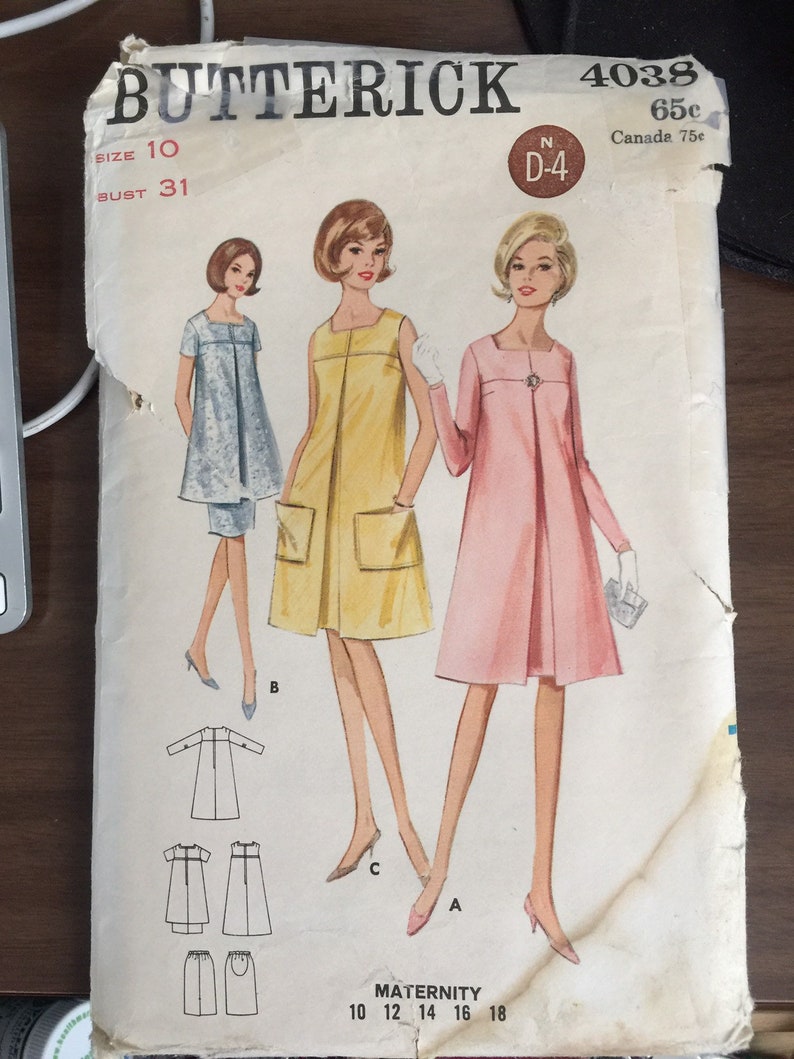 1965 Butterick 4038 Maternity Dress Sewing Pattern Rare Size 10 Bust 31