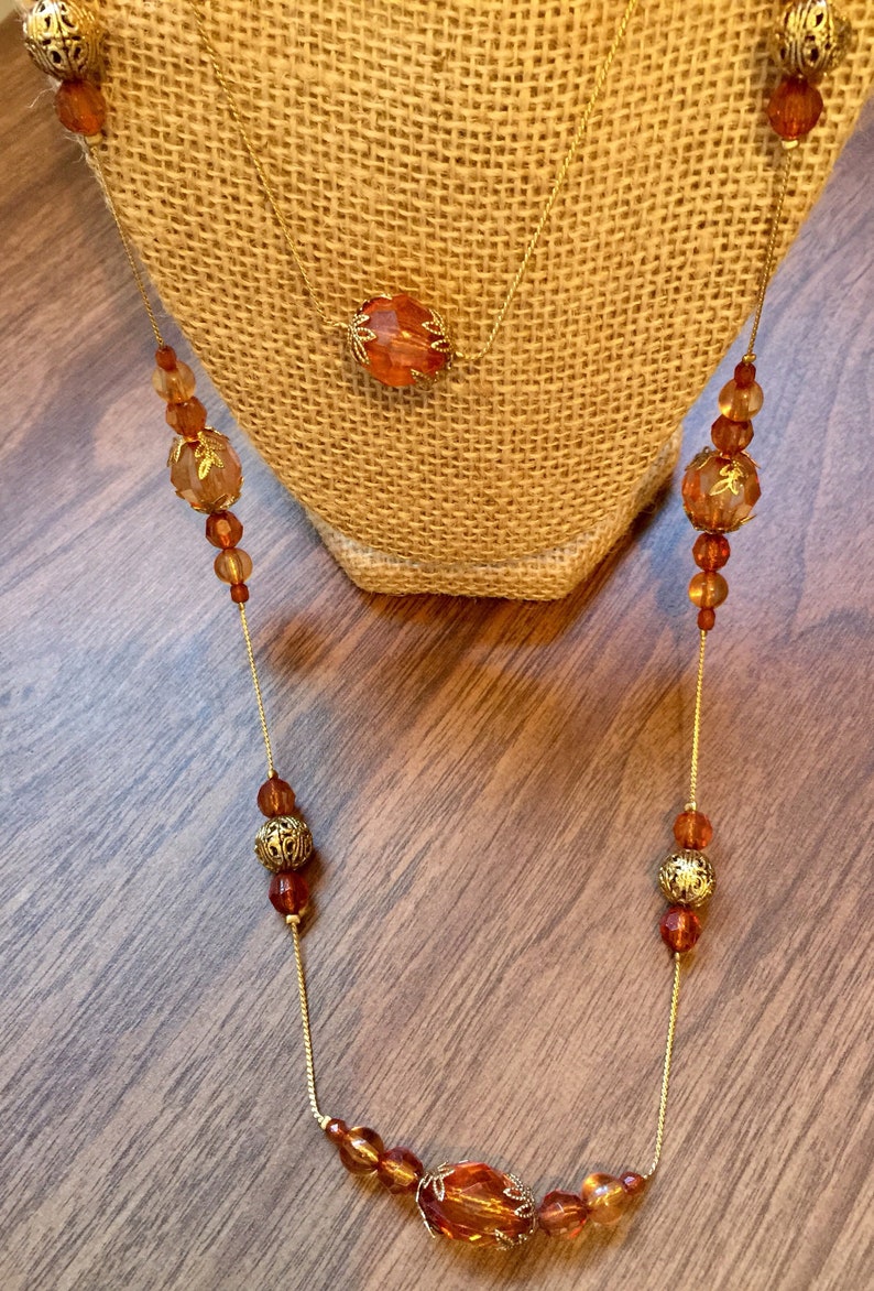 1960/'s Amber color Beads with gold color filigree beads necklace