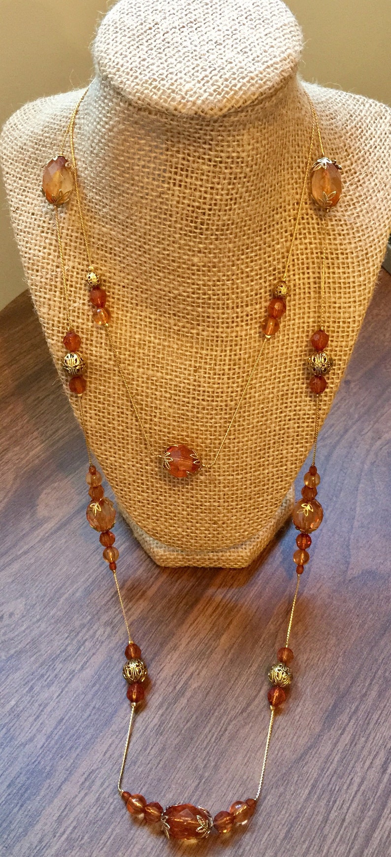 1960/'s Amber color Beads with gold color filigree beads necklace