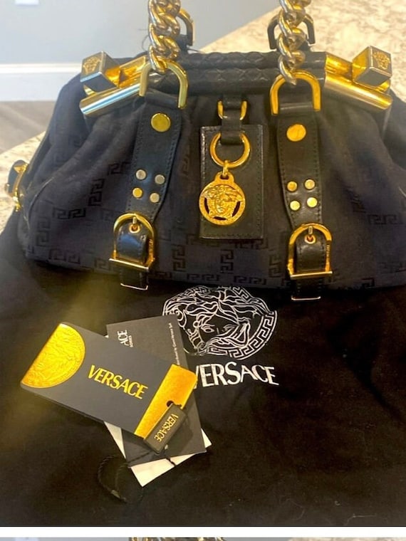 Versace Borsa Leather Cloth Gold Hardware Handbag