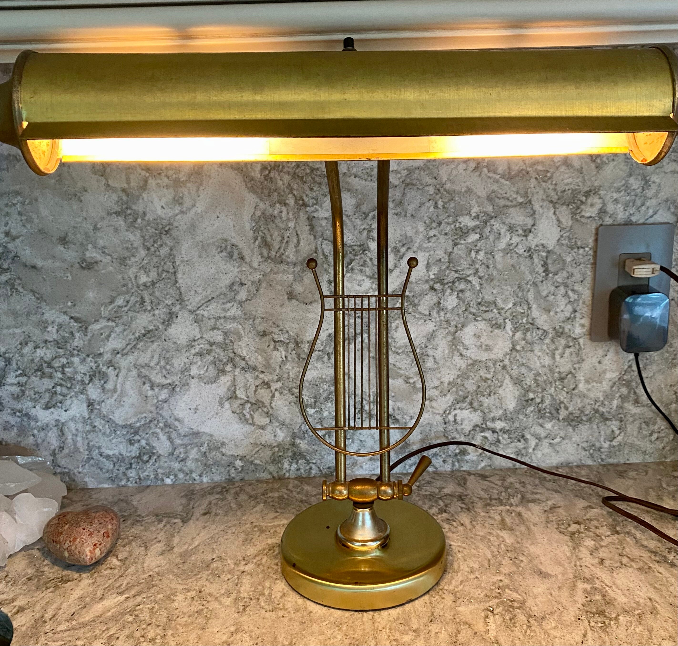 Antique Vintage Brass Harp or Lyre Piano Desk Lamp Music