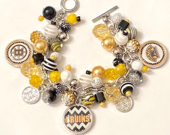 Boston Bruins Charm Bracelet with various Black, White and Golden Yellow Beads