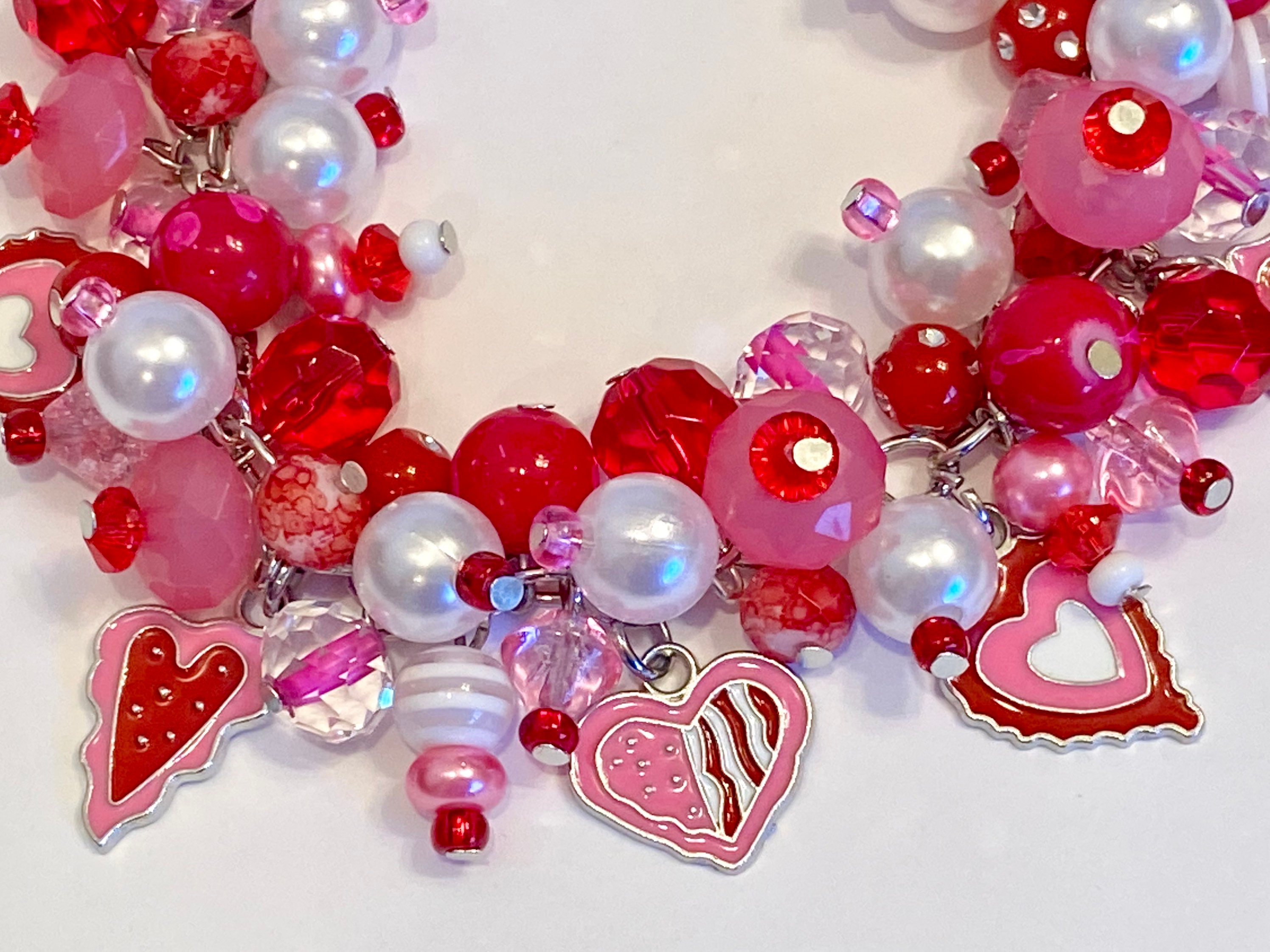 Valentine Charm Bracelet With Red, Pink and White Beads and Enamel Heart  Charms 