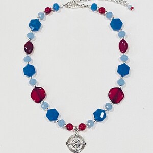 Handmade Blue and Red Nautical Compass Glass Necklace
