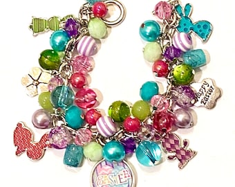 Easter Bunny Charm Bracelet with various Purple, Green, Hot Pink and Turquoise Beads and Bunny charms