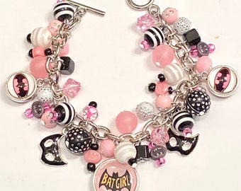 Batgirl Charm Bracelet with Black, Pink and White Beads with handmade Batgirl charms