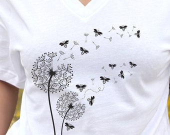 Dandelion Flowers V-Neck T-Shirt, V Neck Women's Top, Wildflower Bees Lover Tee Shirt, Plant Lover Shirt, Bumble Bee Wild Flower VNeck Tee