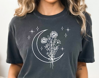 Comfort Colors® Mystic Moon Shirt, Boho Vintage Moon Shirt, Moon Flowers Stars TShirt, Spiritual T-Shirt, Celestial Wildflowers Moon Shirt