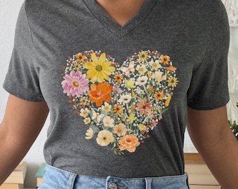 Wildflower Heart V-Neck T-Shirt, Flower Heart  Vneck Shirt, Botanical Floral Tee Shirt, Nature Lover Plant V Neck Tee, Vintage Flowers Shirt
