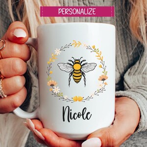 Bee Personalized Mug, Bee Gifts, Honeycomb Bumble Bee, Customized Name Mug, Honey Bee Gift, Floral Bee Nature Gift, Bee Lover Gifts, Bees