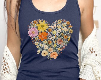 Wildflower Heart Shirt, Boho Vintage Flowers Tank Top, Womens Gym Racerback Tank Top, Bontanical Floral Pressed Flowers T-Shirt, Nature Tee