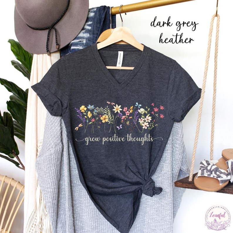 Grow Positive Thoughts V-Neck T-Shirt, V Neck Top Women, Botanical Floral Tee Shirt, Nature Lover Plant V Neck Tee, Vintage Floral Shirt image 10