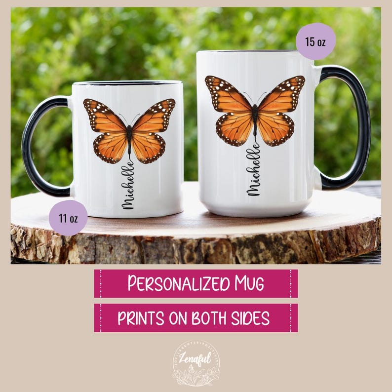 Peut inclure: Deux tasses en c&eacute;ramique blanche avec des poign&eacute;es noires. Les tasses pr&eacute;sentent un motif de papillon monarque et le nom "Michelle" imprim&eacute; sur chaque tasse. La tasse de gauche est de 11 onces et la tasse de droite est de 15 onces. Le texte "Mug personnalis&eacute; Imprim&eacute; des deux c&ocirc;t&eacute;s" est imprim&eacute; sur une banni&egrave;re rose sous les tasses.