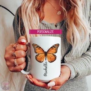 Mug prénom personnalisé papillon monarque, cadeau amoureux des papillons, mug prénom personnalisé, mug papillon, cadeau papillon pour femme, mug à café personnalisé 15oz White Mug