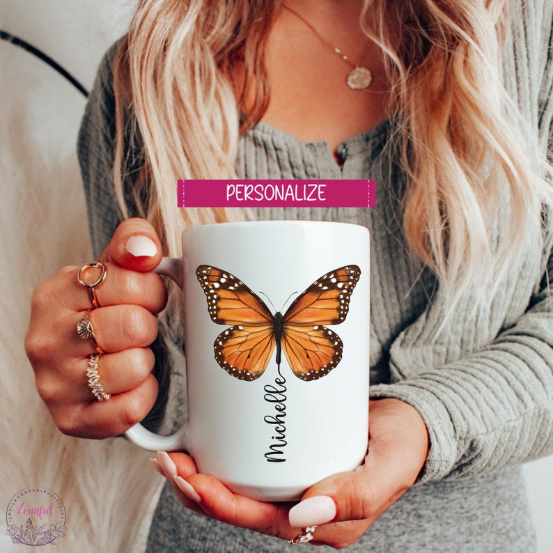 Mug prénom personnalisé papillon monarque, cadeau amoureux des papillons, mug prénom personnalisé, mug papillon, cadeau papillon pour femme, mug à café personnalisé 15oz White Mug