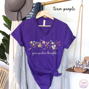 Grow Positive Thoughts V-Neck T-Shirt, V Neck Top Women, Botanical Floral Tee Shirt, Nature Lover Plant V Neck Tee, Vintage Floral Shirt Team Purple