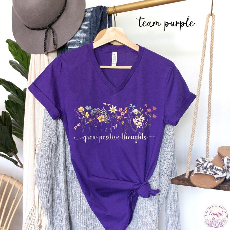 Grow Positive Thoughts V-Neck T-Shirt, V Neck Top Women, Botanical Floral Tee Shirt, Nature Lover Plant V Neck Tee, Vintage Floral Shirt Team Purple
