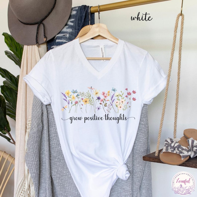 Grow Positive Thoughts V-Neck T-Shirt, V Neck Top Women, Botanical Floral Tee Shirt, Nature Lover Plant V Neck Tee, Vintage Floral Shirt image 12