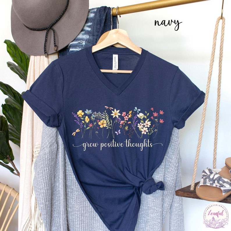 Grow Positive Thoughts V-Neck T-Shirt, V Neck Top Women, Botanical Floral Tee Shirt, Nature Lover Plant V Neck Tee, Vintage Floral Shirt image 9