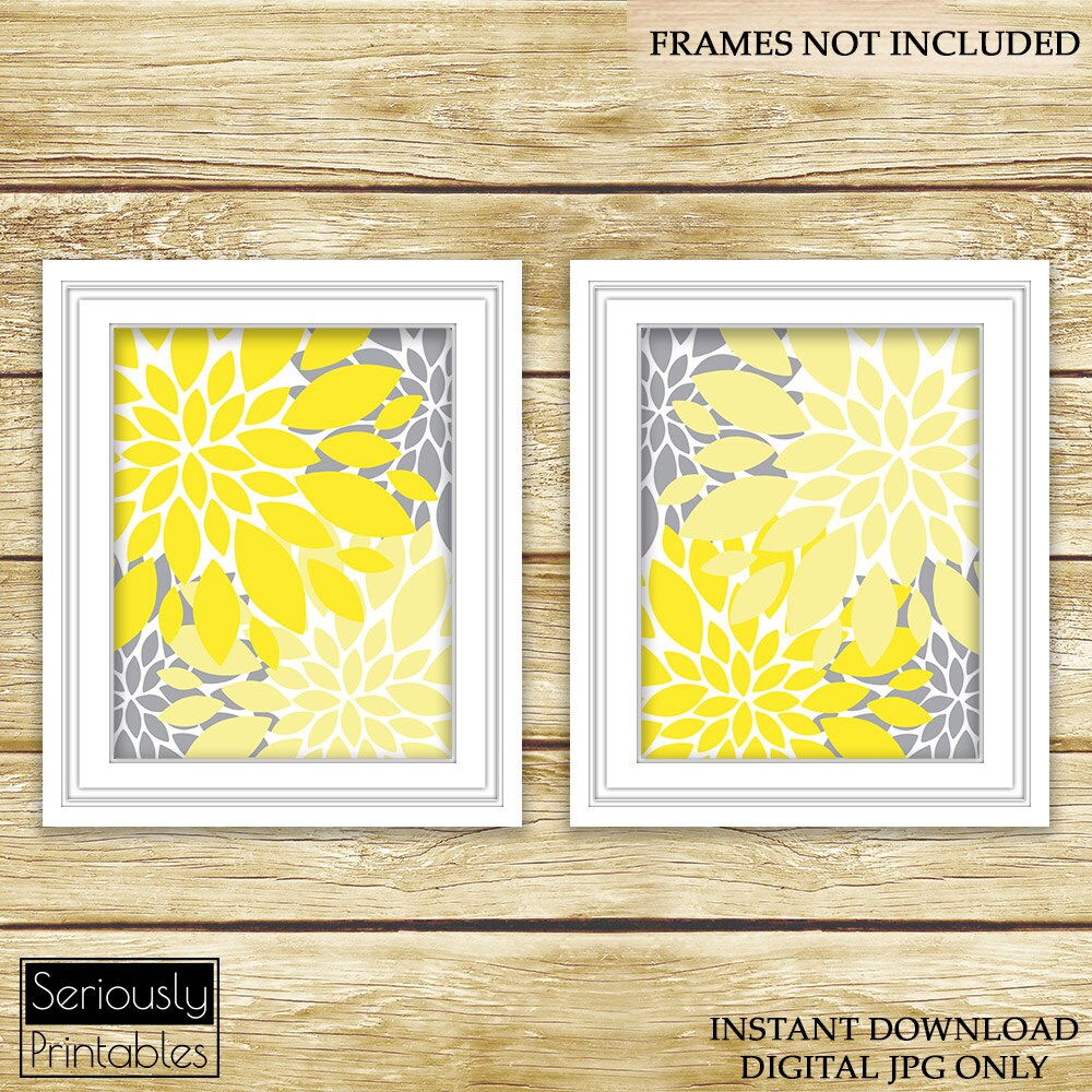 Yellow Grey Floral Flower Burst Wall Art Gray Bathroom Bedroom Etsy
