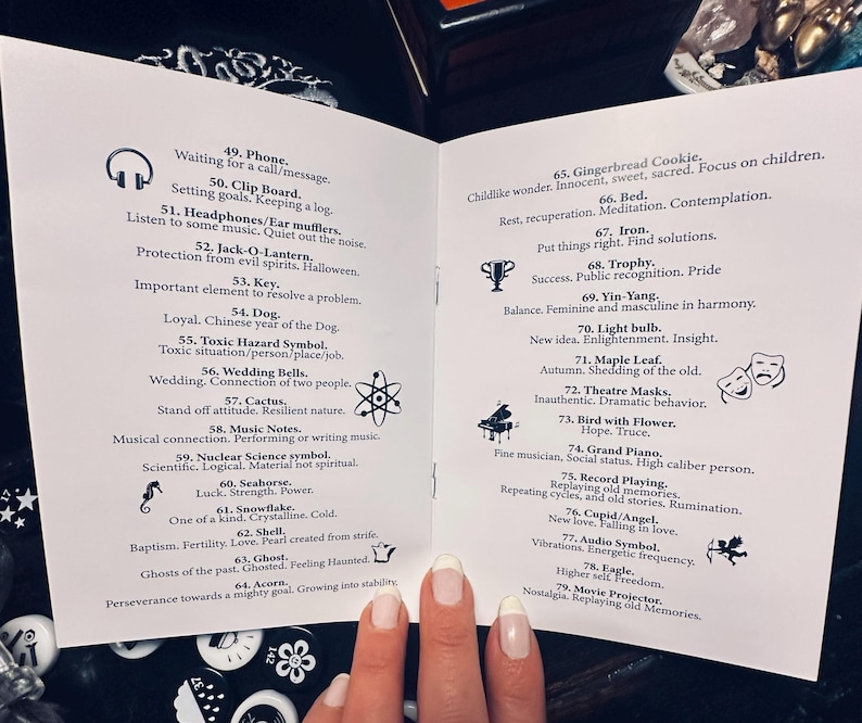 May include: A two-page spread of a small book with black and white illustrations of various objects and symbols. Each object is numbered and has a short description. The book is titled "Symbolism".
