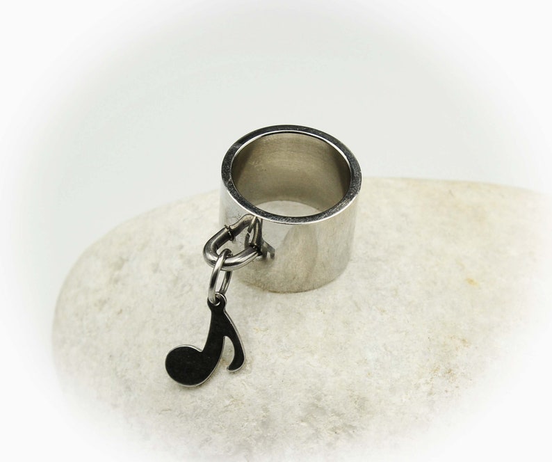 Wide Ring With Music Note\u00a0Dangle Charm Stainless Steel