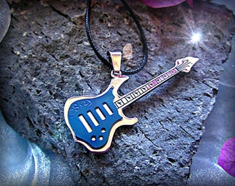 Blue Electric Guitar Pendant  Stainless Steel 2-Tone