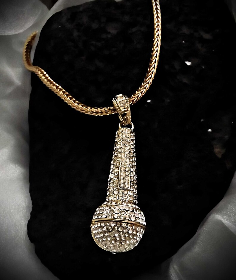 Iced Out Microphone Pendant Necklace - 14k Gold/Silver Plated, 24" Rope Chain, Hip Hop Bling (NewAgeBling)