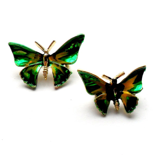 Painted Butterfly Brooch Pair Vintage Yellow Green Black Silver Scatter Pins Broach Pin Figural