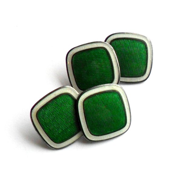 SALE Sterling Silver Guilloche Cufflinks Vintage Emerald Green White Enamel Square Art Deco 1920s 1930s Antique