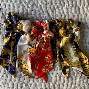 Baroque Print Satin Scrunchies with Tie Scarves-Long