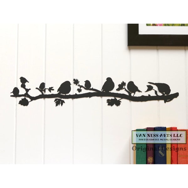 Bird Branch Metal Wall Art Silhouette Scene, Horizontal, Long, Decor, Indoor, Outdoor, Made in USA