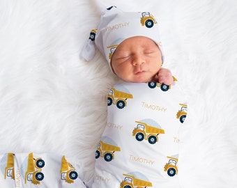 Custom Dump Truck Swaddle, Personalized Dump Truck Name Blanket, Custom Name - Baby Shower Gift - Stroller Blanket - Car Seat Blanket