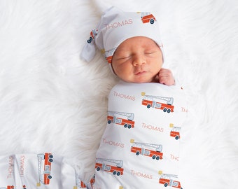 Custom Firetruck Swaddle, Personalized Firefighter Name Blanket, Custom Name - Baby Shower Gift - Stroller Blanket - Car Seat Blanket