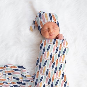 Personalized Surf Swaddle Blanket beach baby swaddle blanket surfer baby blanket beach going home swaddle and hat or headband surfboard