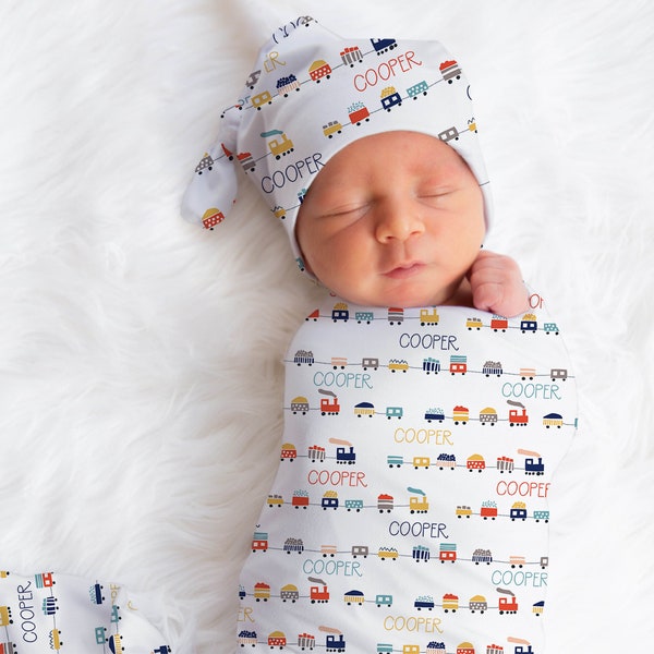 Custom Train Name Blanket, Boy Train Swaddle Set , Newborn Swaddle Personalized, Train Baby Shower, Train Gifts