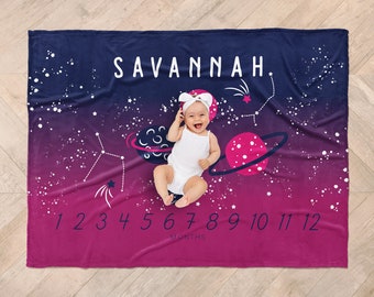 Galaxy Custom Milestone Baby Blanket, Outer Space Baby Shower Gift, Planets and Stars Blanket, Baby Month Tracker, Baby Shower Gift