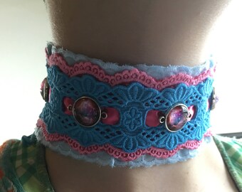 Bright pink and blue lace choker necklace with round pink galaxy baubles