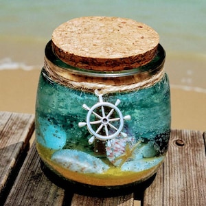 FLICKER | Ocean Scene Gel Wax Candle with Real Seashells | Beach Decor Jar (6oz)