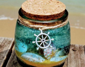 FLICKER | Ocean Scene Gel Wax Candle with Real Seashells | Beach Decor Jar (6oz)