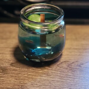 May include: A clear glass jar containing a green plant, surrounded by blue and green stones. The jar is filled with water and a wooden stick is placed vertically in the centre.