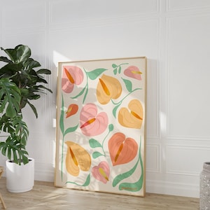 Pastel Anthurium Garden Wall Print, Floral Illustration, Floral Illustration Botanical Poster, Beige Wall art, Botanical Art Print