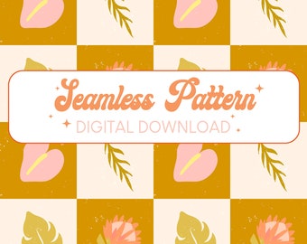 Tropical Plants Checkerboard Digital Download Pattern, Terracotta Pattern, Anthurium Plant, Hawaii Pattern, Protea Plant Pattern