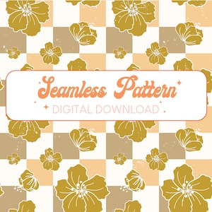 Könnte beinhalten: Ein nahtloses digitales Muster mit einem sich wiederholenden Blumendesign in Gold und Weiß, vor einem karierten Hintergrund aus beige- und braunen Quadraten. Der Text "Seamless Pattern" wird in einer Retro-Schriftart angezeigt.