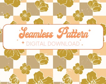 Hibiscus Digital Download Seamless Pattern - Hawaii Surface Pattern, Hibiscus Repeating Pattern, Beige Checkered Repeating Pattern,